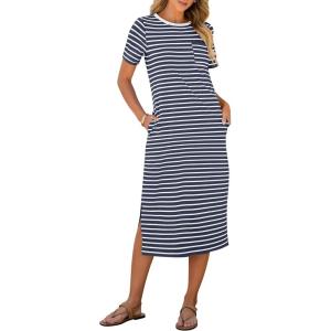 imageANRABESS Womens Summer Casual Midi Dress Short Sleeve Crewneck T Shirt Long Dresses Split Stripe Beach Vacation Travel OutfitBlue White Stripe