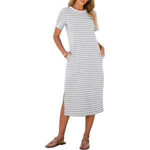 imageANRABESS Womens Summer Casual Midi Dress Short Sleeve Crewneck T Shirt Long Dresses Split Stripe Beach Vacation Travel OutfitGrey White Stripe