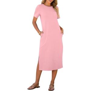 imageANRABESS Womens Summer Casual Midi Dress Short Sleeve Crewneck T Shirt Long Dresses Split Stripe Beach Vacation Travel OutfitPink