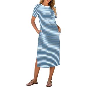 imageANRABESS Womens Summer Casual Midi Dress Short Sleeve Crewneck T Shirt Long Dresses Split Stripe Beach Vacation Travel OutfitSky White Stripe