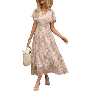 imageANRABESS Womens Summer Floral Maxi Dress Casual V Neck Short Sleeve Chiffon Boho Flowy Beach 2025 Wedding Guest Long DressesApricot Flor