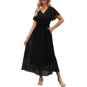 imageANRABESS Womens Summer Floral Maxi Dress Casual V Neck Short Sleeve Chiffon Boho Flowy Beach 2025 Wedding Guest Long DressesBlack