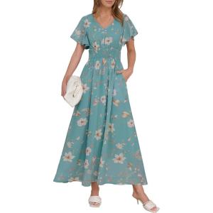 imageANRABESS Womens Summer Floral Maxi Dress Casual V Neck Short Sleeve Chiffon Boho Flowy Beach 2025 Wedding Guest Long DressesCadetblue Flor