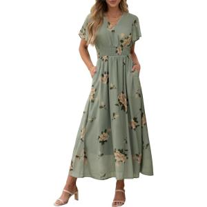 imageANRABESS Womens Summer Floral Maxi Dress Casual V Neck Short Sleeve Chiffon Boho Flowy Beach 2025 Wedding Guest Long DressesFloral Green