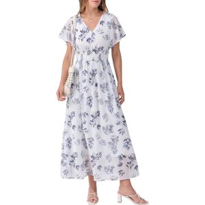 imageANRABESS Womens Summer Floral Maxi Dress Casual V Neck Short Sleeve Chiffon Boho Flowy Beach 2025 Wedding Guest Long DressesFloral White Teal
