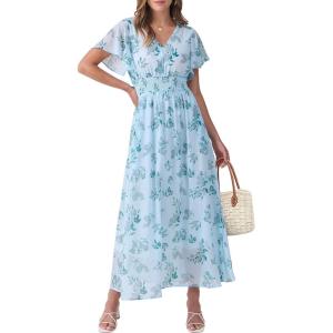 imageANRABESS Womens Summer Floral Maxi Dress Casual V Neck Short Sleeve Chiffon Boho Flowy Beach 2025 Wedding Guest Long DressesGreen Leaf Print