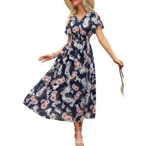 imageANRABESS Womens Summer Floral Maxi Dress Casual V Neck Short Sleeve Chiffon Boho Flowy Beach 2025 Wedding Guest Long DressesNavy Flor