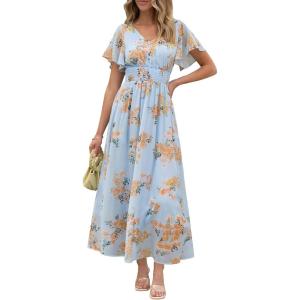 imageANRABESS Womens Summer Floral Maxi Dress Casual V Neck Short Sleeve Chiffon Boho Flowy Beach 2025 Wedding Guest Long DressesOrange Floral Print