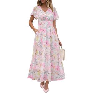 imageANRABESS Womens Summer Floral Maxi Dress Casual V Neck Short Sleeve Chiffon Boho Flowy Beach 2025 Wedding Guest Long DressesPink Flor
