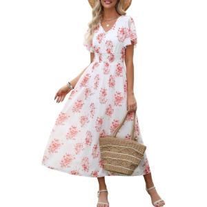 imageANRABESS Womens Summer Floral Maxi Dress Casual V Neck Short Sleeve Chiffon Boho Flowy Beach 2025 Wedding Guest Long DressesRed Flor