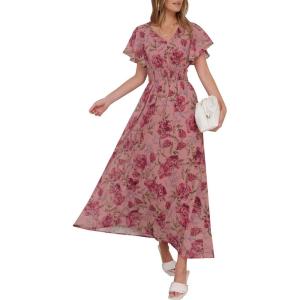 imageANRABESS Womens Summer Floral Maxi Dress Casual V Neck Short Sleeve Chiffon Boho Flowy Beach 2025 Wedding Guest Long DressesRose Red Flor