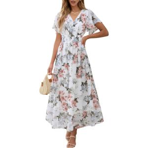 imageANRABESS Womens Summer Floral Maxi Dress Casual V Neck Short Sleeve Chiffon Boho Flowy Beach 2025 Wedding Guest Long DressesWhite Flor