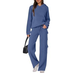 imageANRABESS Womens Two Piece Outfits Casual Knit Hooded Sweater Straight Leg Pants Set 2025 Fall Lounge Travel ClothesDark Blue
