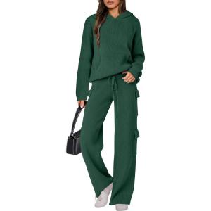 imageANRABESS Womens Two Piece Outfits Casual Knit Hooded Sweater Straight Leg Pants Set 2025 Fall Lounge Travel ClothesDeep Green