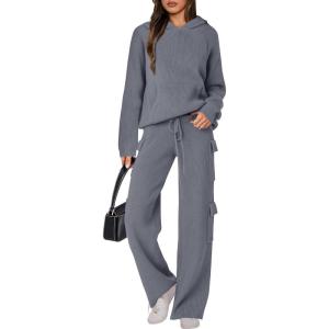 imageANRABESS Womens Two Piece Outfits Casual Knit Hooded Sweater Straight Leg Pants Set 2025 Fall Lounge Travel ClothesGrey