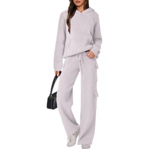 imageANRABESS Womens Two Piece Outfits Casual Knit Hooded Sweater Straight Leg Pants Set 2025 Fall Lounge Travel ClothesLight Grey