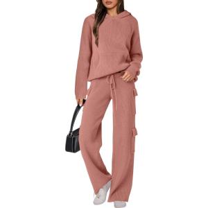 imageANRABESS Womens Two Piece Outfits Casual Knit Hooded Sweater Straight Leg Pants Set 2025 Fall Lounge Travel ClothesRust