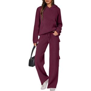 imageANRABESS Womens Two Piece Outfits Casual Knit Hooded Sweater Straight Leg Pants Set 2025 Fall Lounge Travel ClothesWine Red