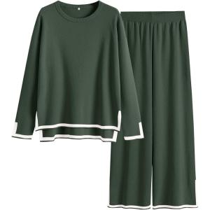 imageANRABESS Womens Two Piece Outfits Knit Pullover Sweater Tops ampamp Wide leg Pants Lounge Matching Sweatsuit Tracksuits SetsArmy Green