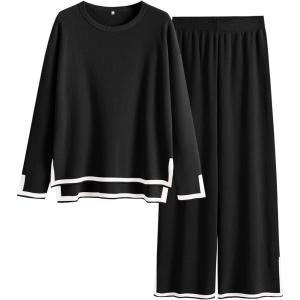 imageANRABESS Womens Two Piece Outfits Knit Pullover Sweater Tops ampamp Wide leg Pants Lounge Matching Sweatsuit Tracksuits SetsBlack