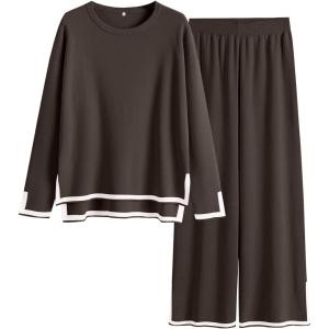 imageANRABESS Womens Two Piece Outfits Knit Pullover Sweater Tops ampamp Wide leg Pants Lounge Matching Sweatsuit Tracksuits SetsCoffee