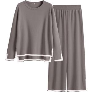 imageANRABESS Womens Two Piece Outfits Knit Pullover Sweater Tops ampamp Wide leg Pants Lounge Matching Sweatsuit Tracksuits SetsCoffee Grey