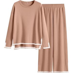 imageANRABESS Womens Two Piece Outfits Knit Pullover Sweater Tops ampamp Wide leg Pants Lounge Matching Sweatsuit Tracksuits SetsLight Camel
