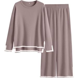 imageANRABESS Womens Two Piece Outfits Knit Pullover Sweater Tops ampamp Wide leg Pants Lounge Matching Sweatsuit Tracksuits SetsRed Apricot