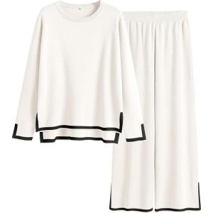 imageANRABESS Womens Two Piece Outfits Knit Pullover Sweater Tops ampamp Wide leg Pants Lounge Matching Sweatsuit Tracksuits SetsWhite