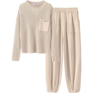 imageANRABESS Womens Two Piece Outfits Long Sleeve Knit Top Fall Sweater Set Oversized Pants Tracksuit Lounge SetsBeige