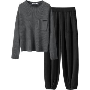 imageANRABESS Womens Two Piece Outfits Long Sleeve Knit Top Fall Sweater Set Oversized Pants Tracksuit Lounge SetsBlackgrey