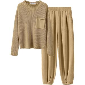 imageANRABESS Womens Two Piece Outfits Long Sleeve Knit Top Fall Sweater Set Oversized Pants Tracksuit Lounge SetsBrown