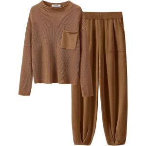 imageANRABESS Womens Two Piece Outfits Long Sleeve Knit Top Fall Sweater Set Oversized Pants Tracksuit Lounge SetsDeep Brown