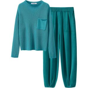 imageANRABESS Womens Two Piece Outfits Long Sleeve Knit Top Fall Sweater Set Oversized Pants Tracksuit Lounge SetsDeep Green