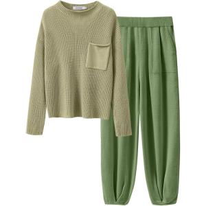 imageANRABESS Womens Two Piece Outfits Long Sleeve Knit Top Fall Sweater Set Oversized Pants Tracksuit Lounge SetsGrass
