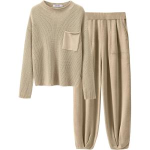 imageANRABESS Womens Two Piece Outfits Long Sleeve Knit Top Fall Sweater Set Oversized Pants Tracksuit Lounge SetsKhaki