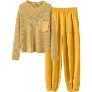 imageANRABESS Womens Two Piece Outfits Long Sleeve Knit Top Fall Sweater Set Oversized Pants Tracksuit Lounge SetsYellow