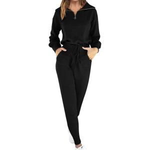 imageANRABESS Womens Two Piece Outfits Sweater Lounge Sets Long Sleeve Zip Up Knit Pullover Jogger Pants Tracksuit Travel OutfitsBlack