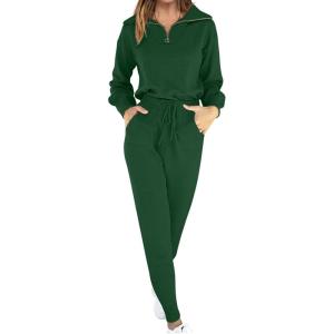 imageANRABESS Womens Two Piece Outfits Sweater Lounge Sets Long Sleeve Zip Up Knit Pullover Jogger Pants Tracksuit Travel OutfitsDeep Green