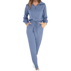 imageANRABESS Womens Two Piece Outfits Sweater Lounge Sets Long Sleeve Zip Up Knit Pullover Jogger Pants Tracksuit Travel OutfitsGrey Blue