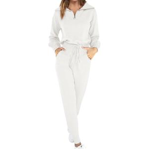 imageANRABESS Womens Two Piece Outfits Sweater Lounge Sets Long Sleeve Zip Up Knit Pullover Jogger Pants Tracksuit Travel OutfitsWhite