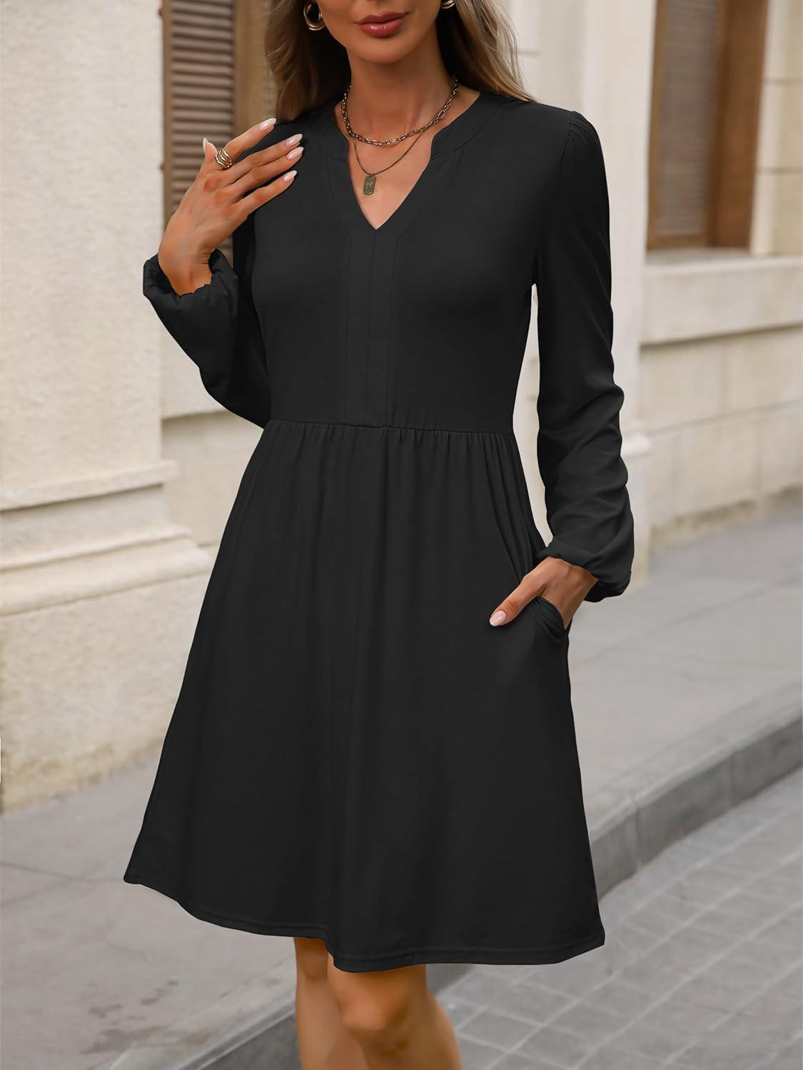 imageANRABESS Dresses for Women Long Sleeve Fall Casual V Neck Floral Boho Flowy Swing Mini Dress 2025 Travel Vacation OutfitsBlack