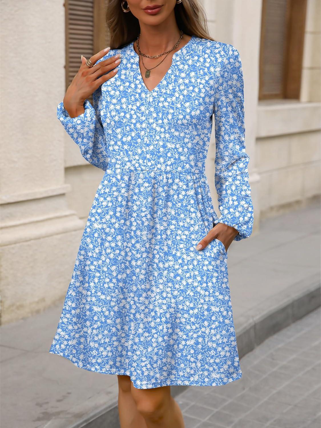 imageANRABESS Dresses for Women Long Sleeve Fall Casual V Neck Floral Boho Flowy Swing Mini Dress 2025 Travel Vacation OutfitsBlue White Floral