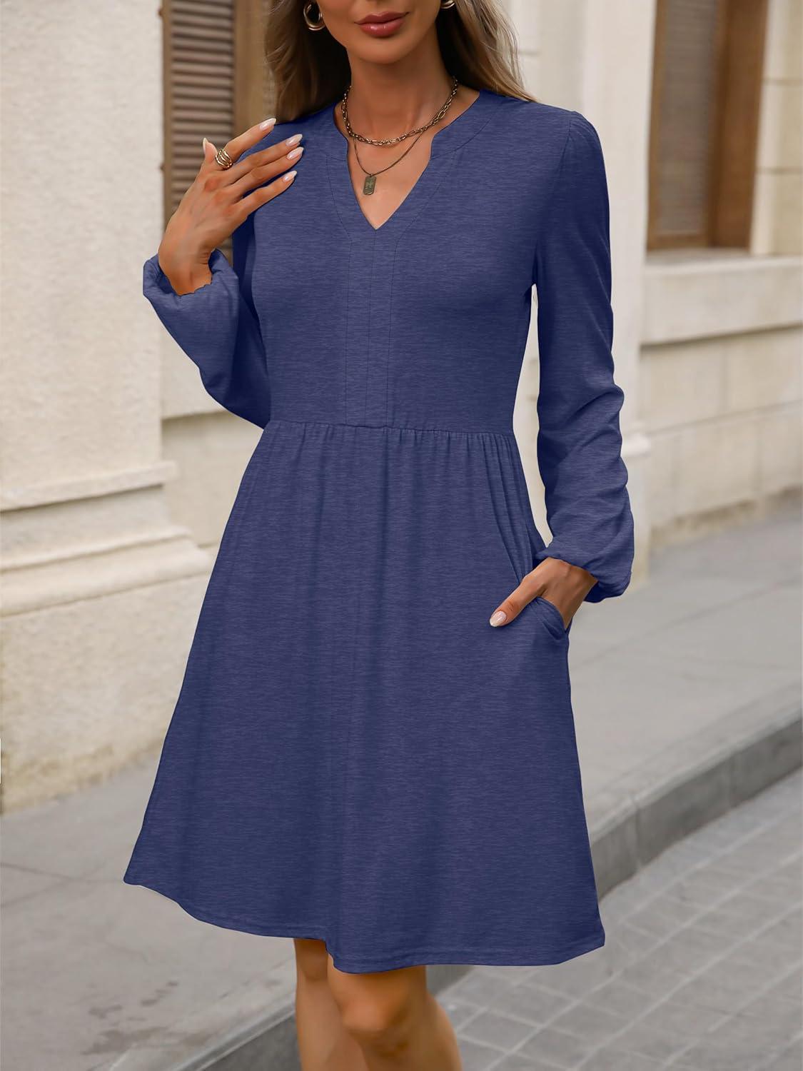 imageANRABESS Dresses for Women Long Sleeve Fall Casual V Neck Floral Boho Flowy Swing Mini Dress 2025 Travel Vacation OutfitsNavy Blue