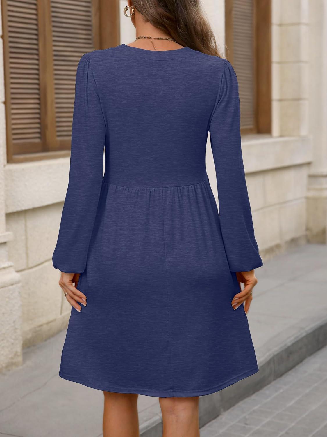 imageANRABESS Dresses for Women Long Sleeve Fall Casual V Neck Floral Boho Flowy Swing Mini Dress 2025 Travel Vacation OutfitsNavy Blue