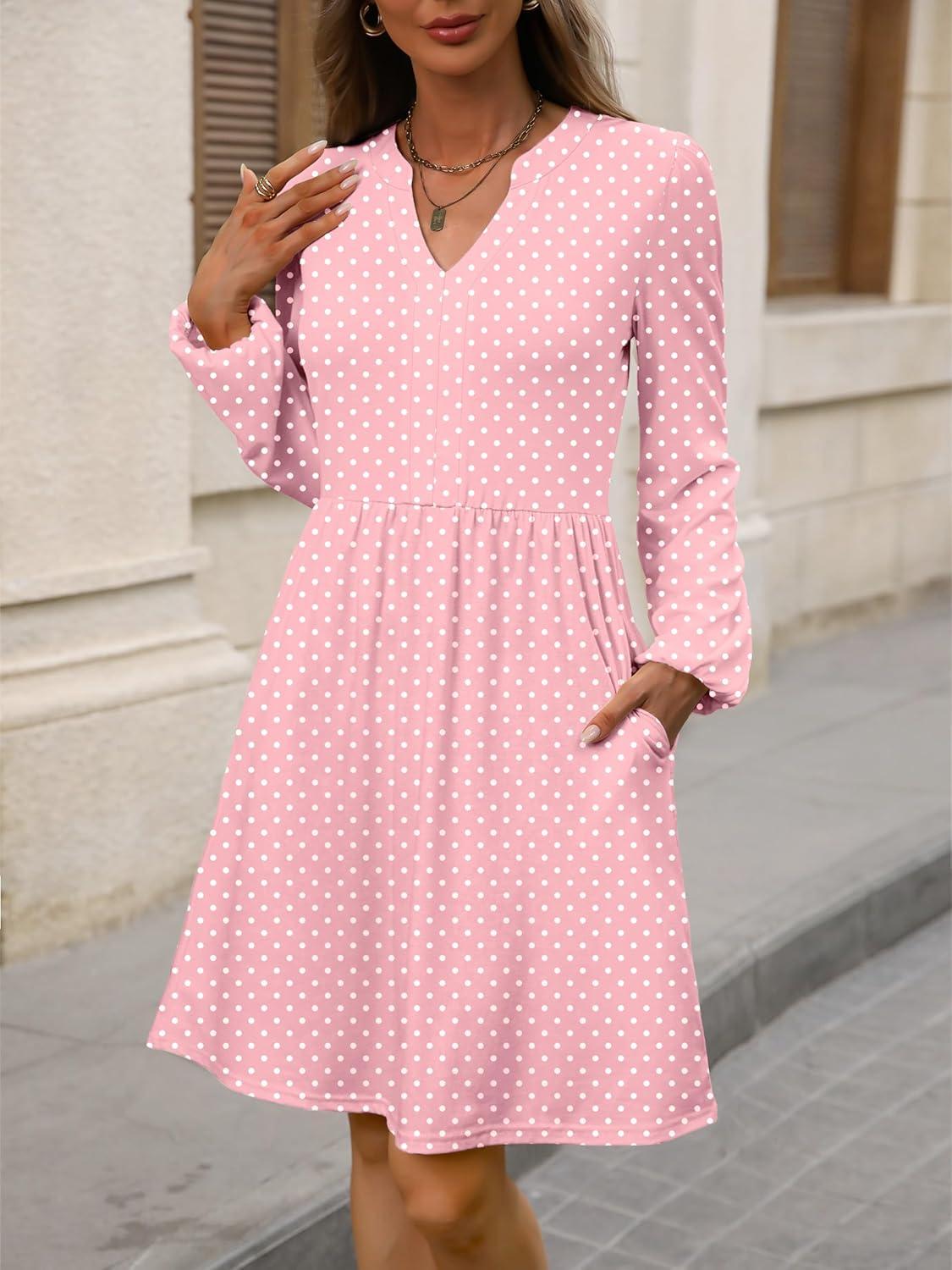 imageANRABESS Dresses for Women Long Sleeve Fall Casual V Neck Floral Boho Flowy Swing Mini Dress 2025 Travel Vacation OutfitsPink Round Dot