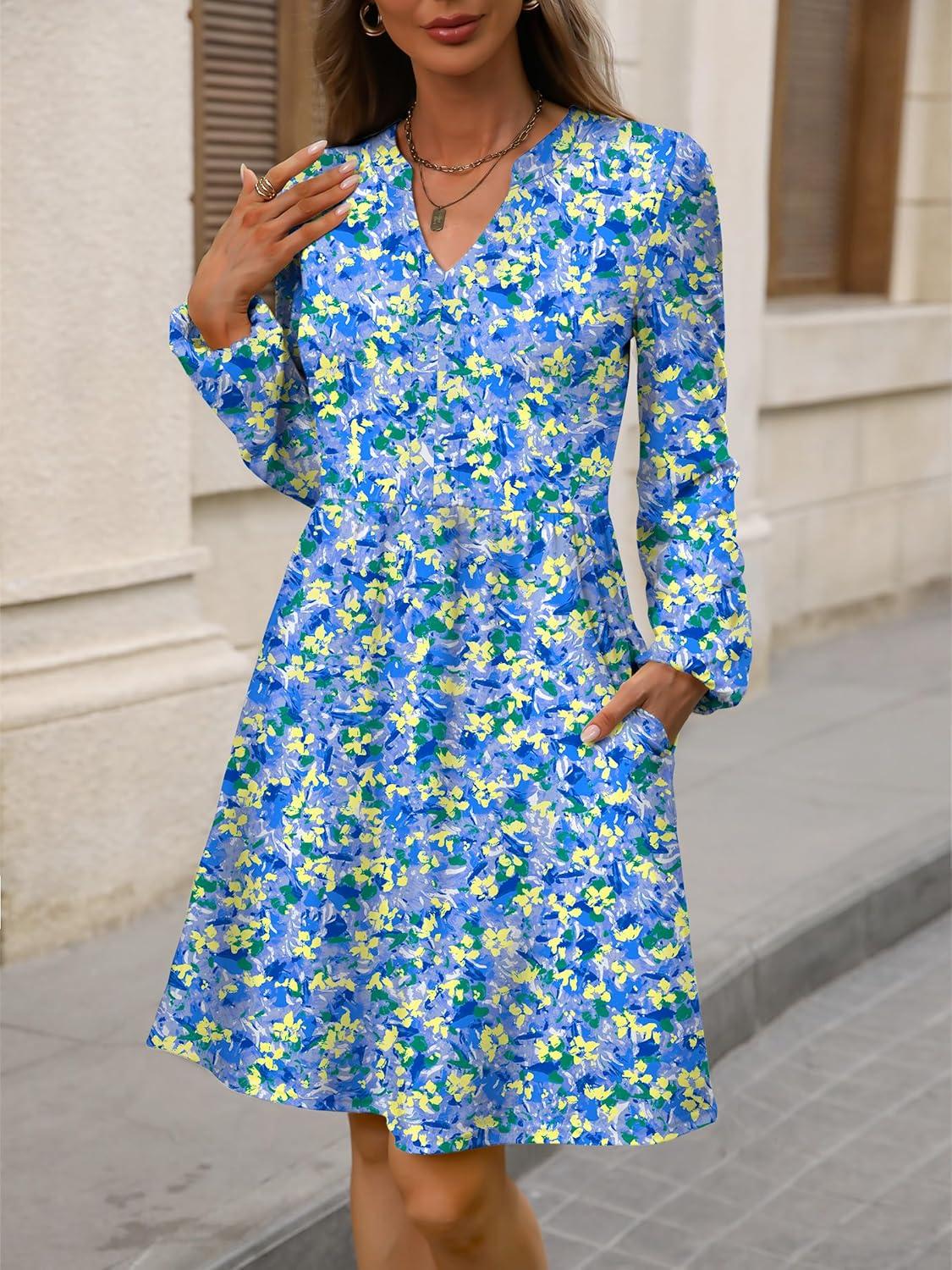 imageANRABESS Dresses for Women Long Sleeve Fall Casual V Neck Floral Boho Flowy Swing Mini Dress 2025 Travel Vacation OutfitsPrint Blue Yellow Floral