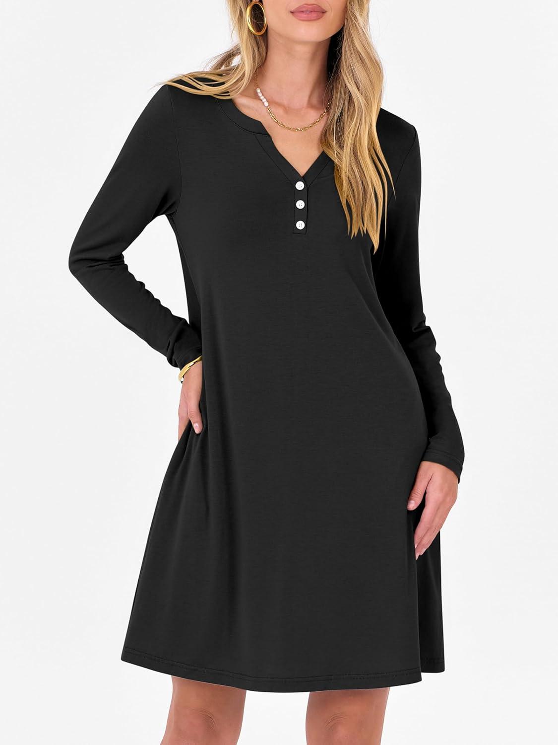 imageANRABESS Long Sleeve Dresses for Women 2025 Fall Casual Flowy Swing V Neck Boho Floral Mini Travel Vacation Dress with PocketBlack