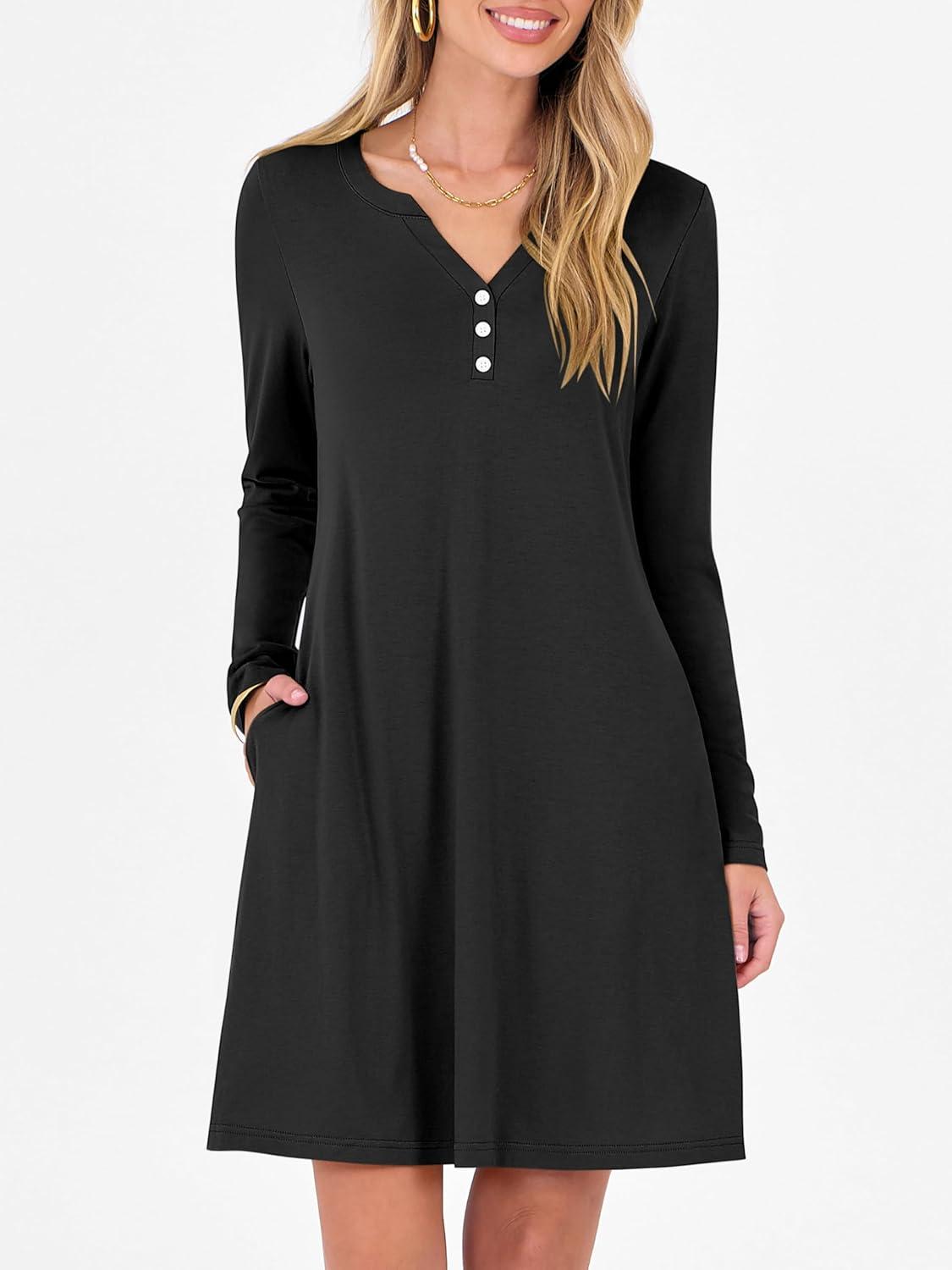 imageANRABESS Long Sleeve Dresses for Women 2025 Fall Casual Flowy Swing V Neck Boho Floral Mini Travel Vacation Dress with PocketBlack