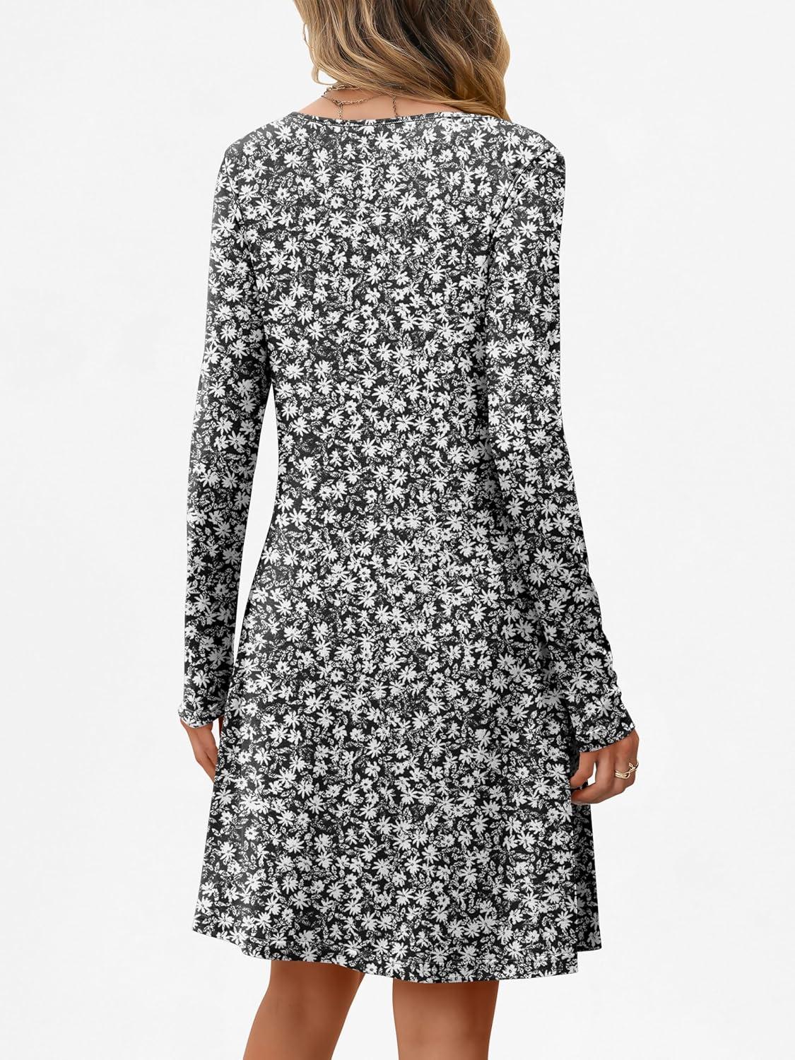 imageANRABESS Long Sleeve Dresses for Women 2025 Fall Casual Flowy Swing V Neck Boho Floral Mini Travel Vacation Dress with PocketFloral Black